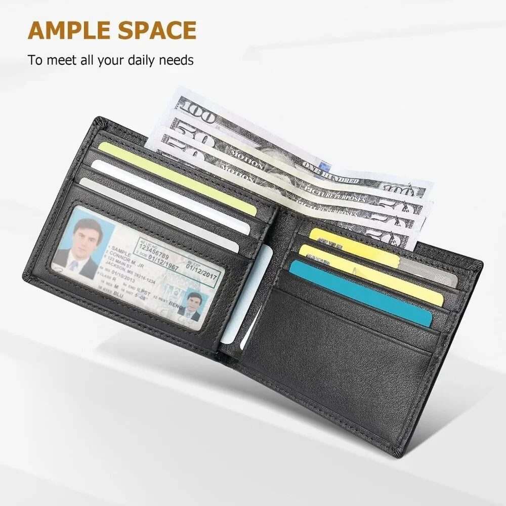 Men's Slim Bifold Wallet Credit Card Black Genuine Leather Blocking Designed